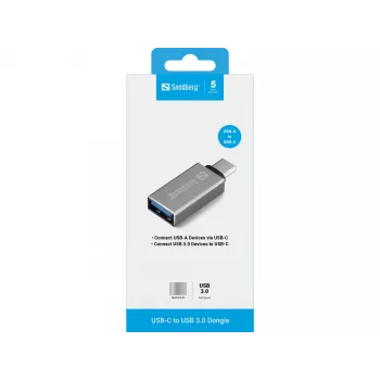 Sandberg Przejściówka USB-C na USB 3.0, USB 3.2 Gen 1 (3.1 Gen 1) Type-C, USB 3.2 Gen 1 (3.1 Gen 1) Type-A, srebrna, aluminium, 5 g, 80 mm