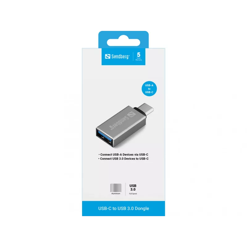 Sandberg Przejściówka USB-C na USB 3.0, USB 3.2 Gen 1 (3.1 Gen 1) Type-C, USB 3.2 Gen 1 (3.1 Gen 1) Type-A, srebrna, aluminium, 5 g, 80 mm