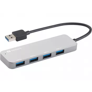 Sandberg USB 3.0 Hub 4 ports SAVER, USB 3.2 Gen 1 (3.1 Gen 1) Type-A, USB 3.2 Gen 1 (3.1 Gen 1) Type-A, 5000 Mbit/s, srebrny, aluminium, 40 g