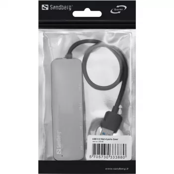 Sandberg USB 3.0 Hub 4 ports SAVER, USB 3.2 Gen 1 (3.1 Gen 1) Type-A, USB 3.2 Gen 1 (3.1 Gen 1) Type-A, 5000 Mbit/s, srebrny, aluminium, 40 g