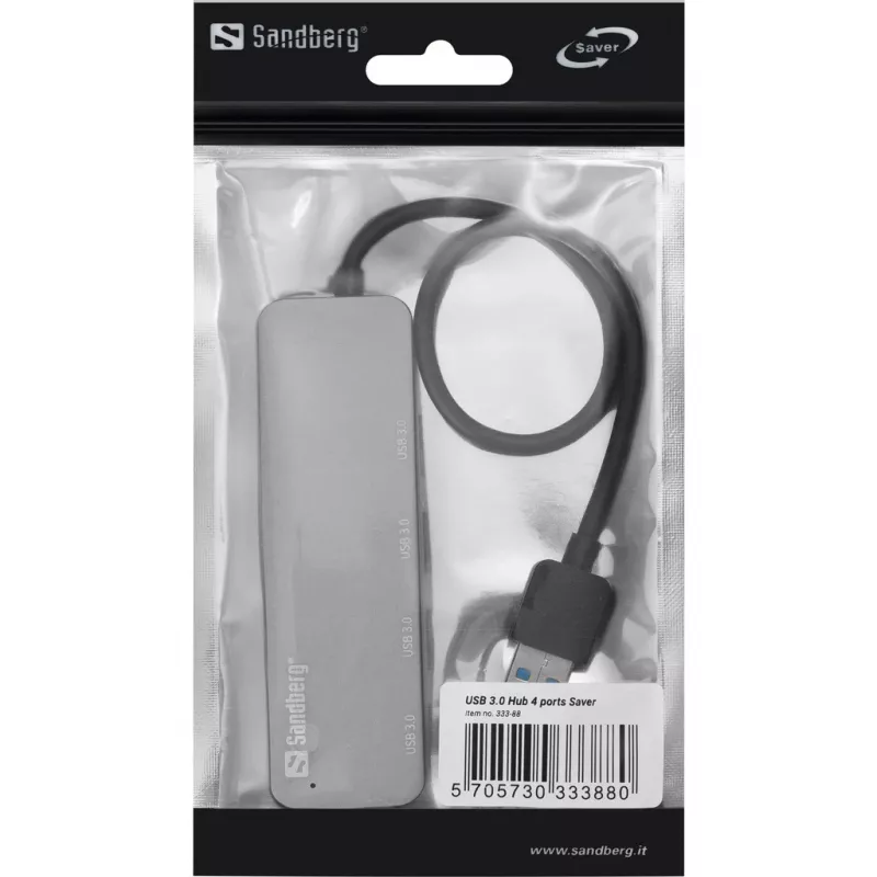 Sandberg USB 3.0 Hub 4 ports SAVER, USB 3.2 Gen 1 (3.1 Gen 1) Type-A, USB 3.2 Gen 1 (3.1 Gen 1) Type-A, 5000 Mbit/s, srebrny, aluminium, 40 g