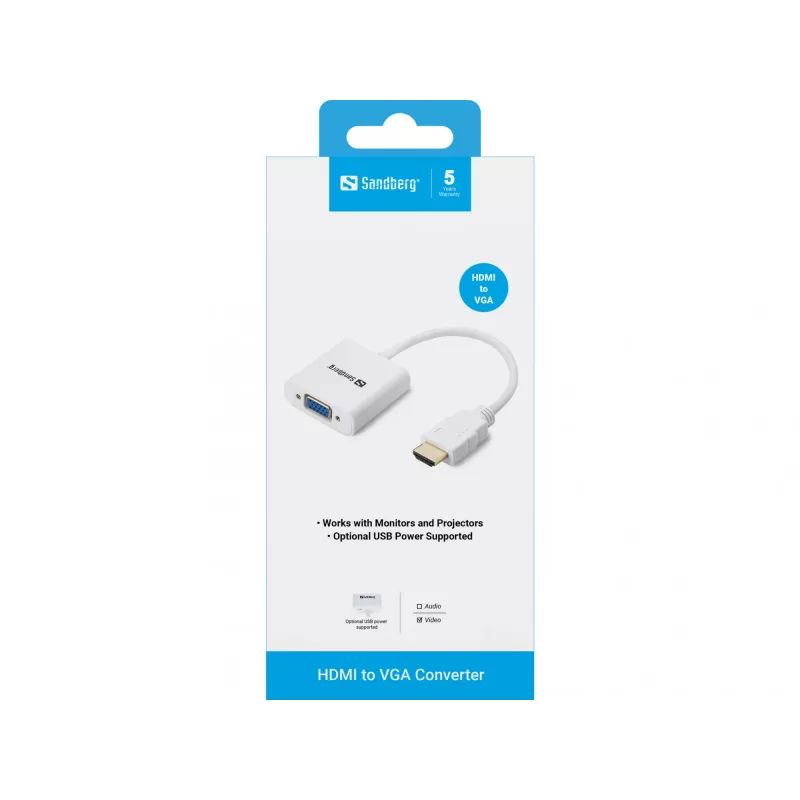 Konwerter Sandberg HDMI na VGA, VGA (D-Sub), HDMI Type A (Standard), Męski, Żeński, Biały, RoHS