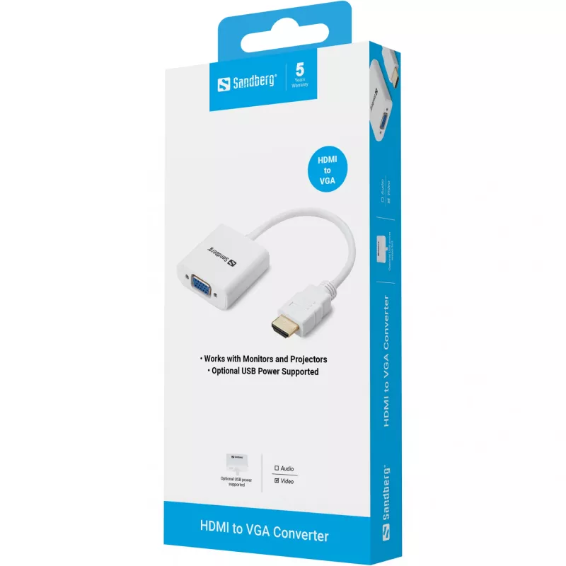 Konwerter Sandberg HDMI na VGA, VGA (D-Sub), HDMI Type A (Standard), Męski, Żeński, Biały, RoHS