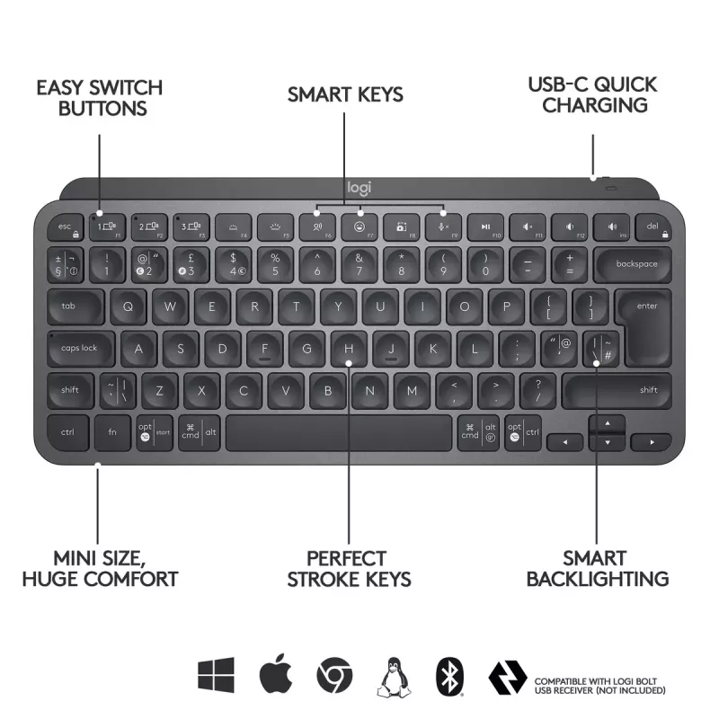 Logitech MX Keys Mini Minimalistyczna bezprzewodowa podświetlana klawiatura - grafitowa - QWERTZ niemiecki