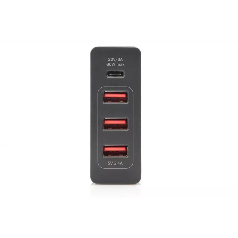 DIGITUS 4-portowa ładowarka USB, 72 W 1x USB-C (PD) 5,9,15,20 V/3 A, 3x USB-A 5 V/2,4 A, czarna