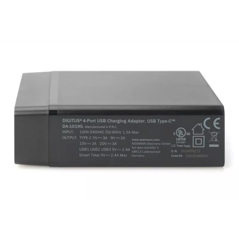 DIGITUS 4-portowa ładowarka USB, 72 W 1x USB-C (PD) 5,9,15,20 V/3 A, 3x USB-A 5 V/2,4 A, czarna