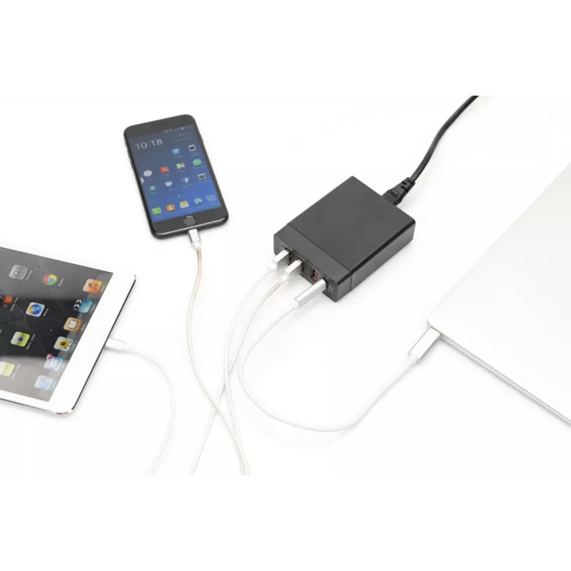 DIGITUS 4-portowa ładowarka USB, 72 W 1x USB-C (PD) 5,9,15,20 V/3 A, 3x USB-A 5 V/2,4 A, czarna