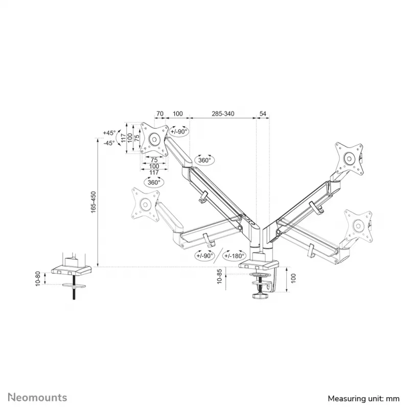 Ramie monitorowe Neomounts DS70-810BL2 17-32 cale - sprężyna gazowa - oszczędność miejsca - blokada 180°