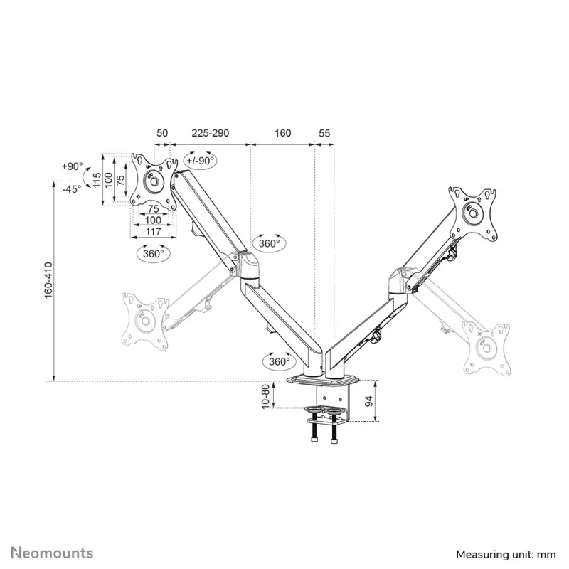 Neomounts DS70-700BL2 ramię do monitora 17-27 cali - sprężyna gazowa, zacisk, 7 kg, 43,2 cm (17 cali), 68,6 cm (27 cali), 100 x 100 mm, czarny
