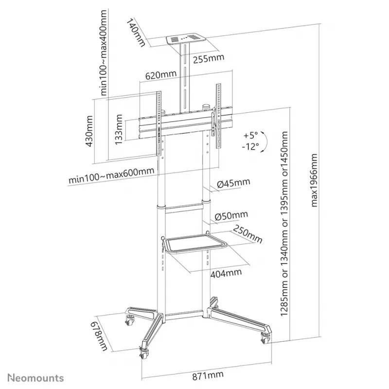 Neomounts FL50-550BL1 TV trolley 37-70 inch, Czarny, Portable floor stand, Steel, 50 kg, 94 cm (37 inch), 177.8 cm (70 inch)