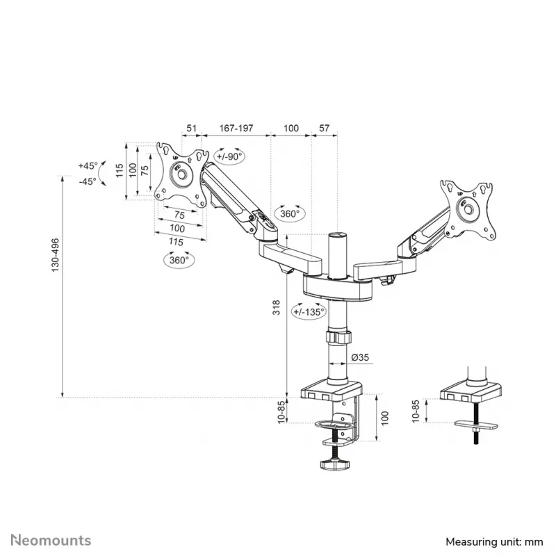 Neomounts DS70-750BL2 Ramię do monitora 17-27 cali - sprężyna gazowa, zacisk/przelotka, 7 kg, 43,2 cm (17 cali), 68,6 cm (27 cali), 100 x 100 mm, czarny