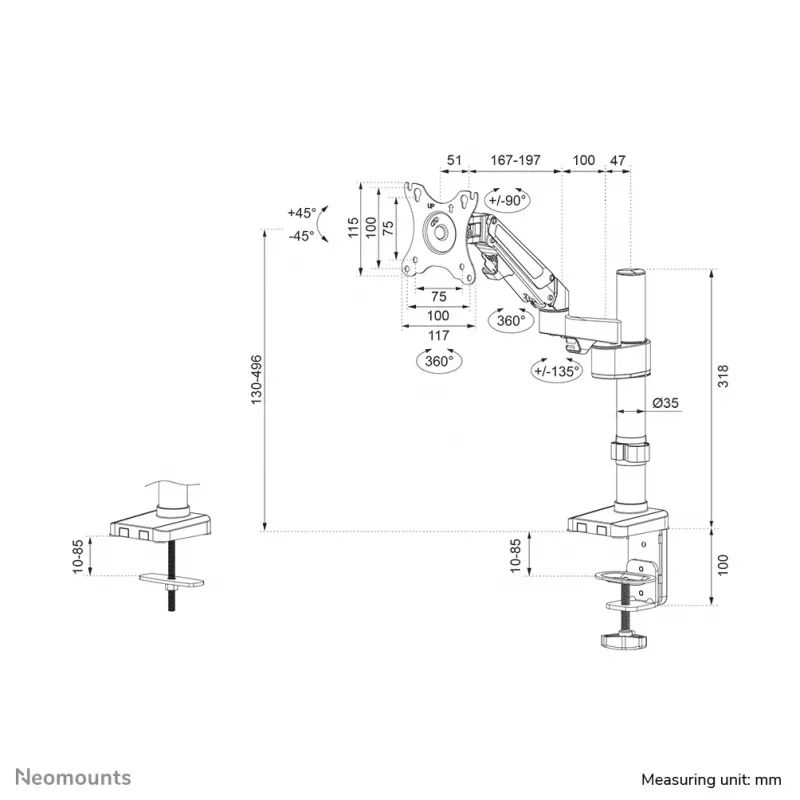 Ramię monitora Neomounts DS70-750BL1 17-27 cali - sprężyna gazowa, zacisk/przelotka, 7 kg, 43,2 cm (17 cali), 68,6 cm (27 cali), 100 x 100 mm, czarny