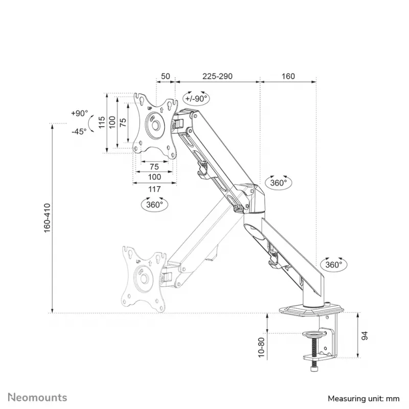 Neomounts DS70-700BL1 Ramię monitora 17-27 cali - sprężyna gazowa, zacisk, 7 kg, 43,2 cm (17 cali), 68,6 cm (27 cali), 100 x 100 mm, czarny