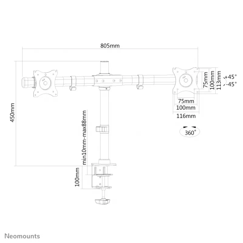 Neomounts FPMA-DCB100DCzarny Ramię monitora 10-27 cali, Zacisk/Otulacz, 10 kg, 25,4 cm (10 cali), 68,6 cm (27 cali), 100 x 100 mm, Czarny