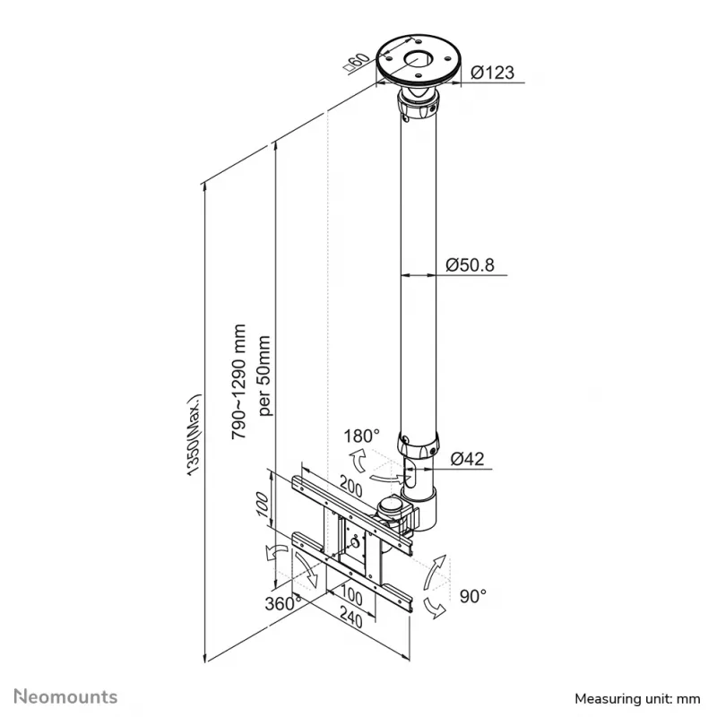 Neomounts FPMA-C100 uchwyt sufitowy do monitora/telewizora 10-30 cali - wys. 79-129 cm