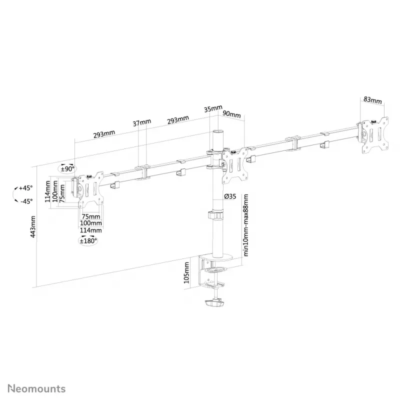 Ramie monitora Neomounts FPMA-D550D3Czarny 10-27 cali, Zacisk/Przelotka, 6 kg, 25,4 cm (10 cali), 68,6 cm (27 cali), 100 x 100 mm, Czarny
