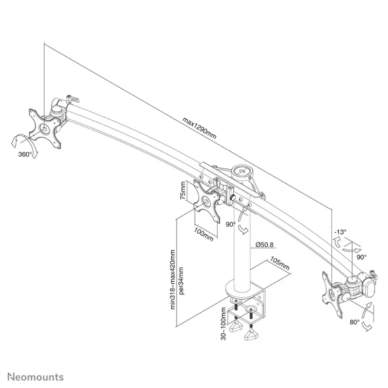 Ramię monitora Neomounts FPMA-D700D3 10-27 cali, zacisk, 8 kg, 25,4 cm (10 cali), 68,6 cm (27 cali), 100 x 100 mm, czarny