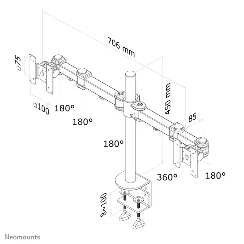 Neomounts FPMA-D960D Ramię monitora 10-27 cali, Zacisk, 8 kg, 25.4 cm (10 cali), 68.6 cm (27 cali), 100 x 100 mm, Czarny