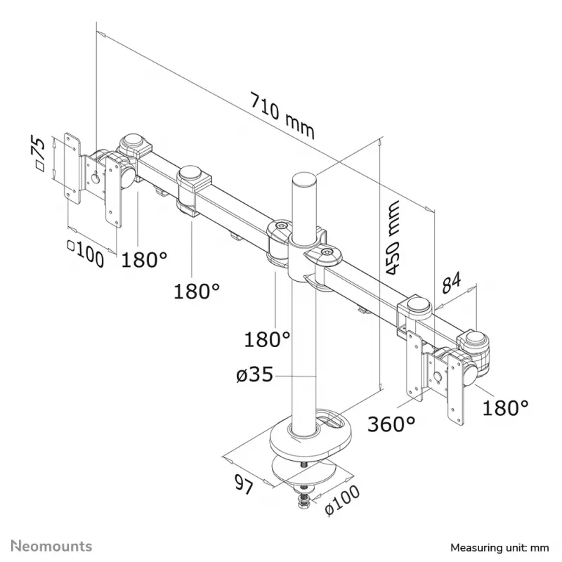 Neomounts FPMA-D960DG Ramię do monitora 10-27 cali, Grommet, 8 kg, 25,4 cm (10 cali), 68,6 cm (27 cali), 100 x 100 mm, Czarny