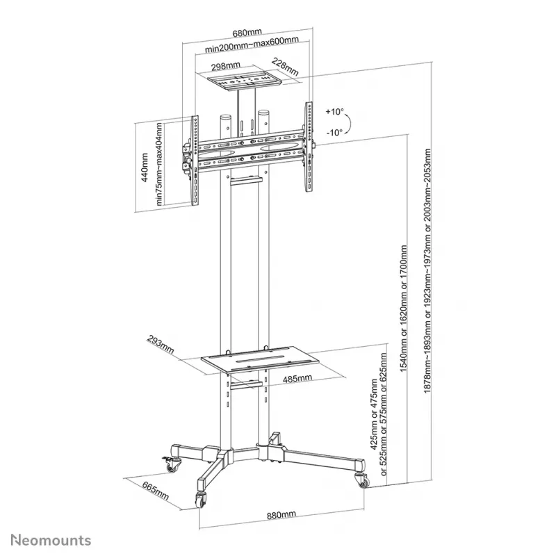 Wózek telewizyjny Neomounts PLASMA-M1700E 32-70 cali, czarny, przenośny stojak podłogowy, stal, 50 kg, 81,3 cm (32 cale), 177,8 cm (70 cali)