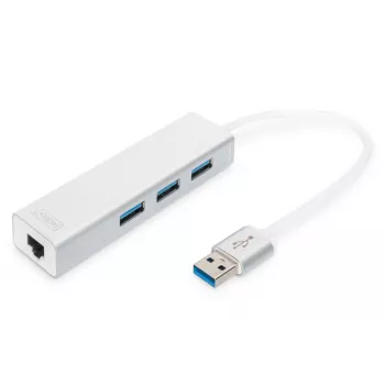 DIGITUS USB 3.0, 3-portowy HUB i adapter Gigabit LAN 3xUSB A/F, 1xUSB A/M, 1xRJ45 LAN obsługuje Windows i Mac OS