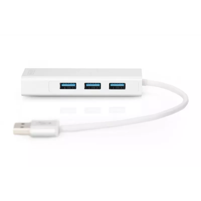 DIGITUS USB 3.0, 3-portowy HUB i adapter Gigabit LAN 3xUSB A/F, 1xUSB A/M, 1xRJ45 LAN obsługuje Windows i Mac OS