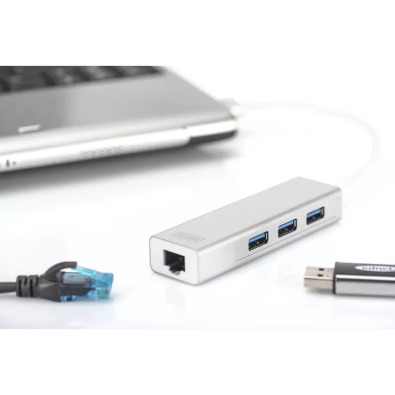 DIGITUS USB 3.0, 3-portowy HUB i adapter Gigabit LAN 3xUSB A/F, 1xUSB A/M, 1xRJ45 LAN obsługuje Windows i Mac OS