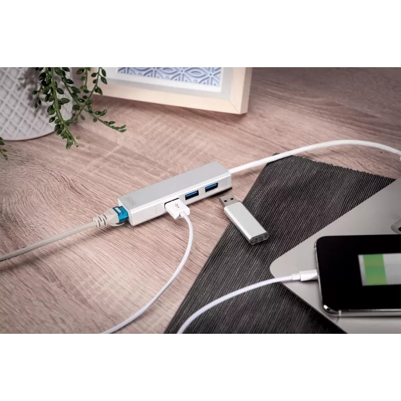 DIGITUS USB 3.0, 3-portowy HUB i adapter Gigabit LAN 3xUSB A/F, 1xUSB A/M, 1xRJ45 LAN obsługuje Windows i Mac OS