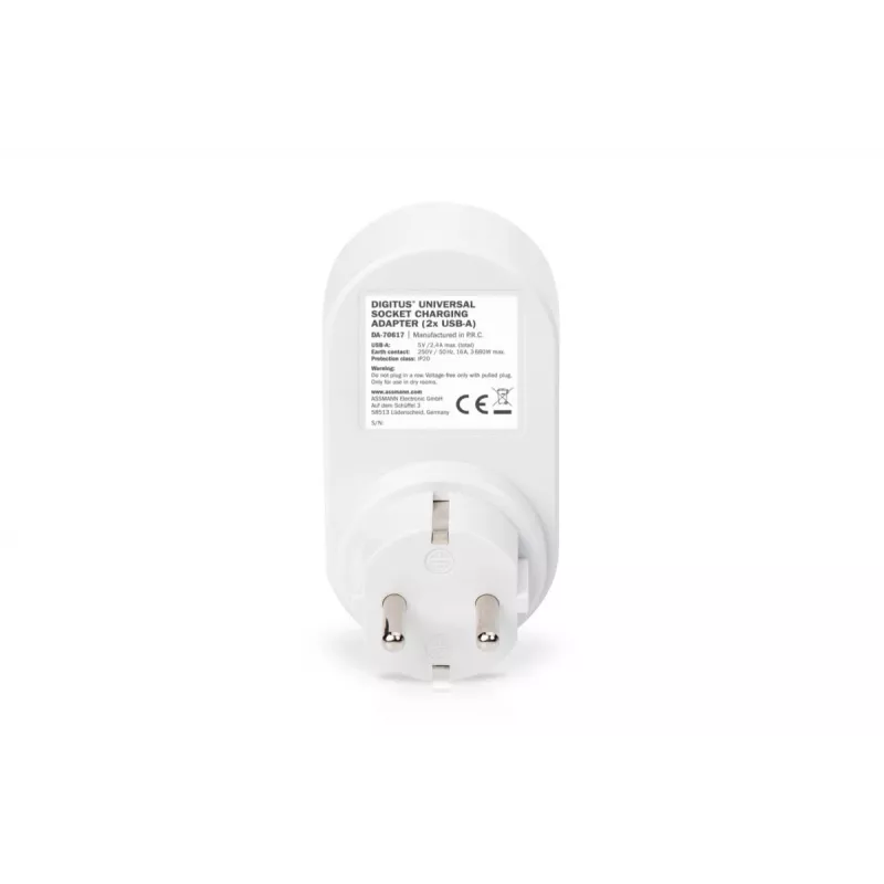DIGITUS Zasilacz sieciowy z 2 portami USB, 250 V, 50 Hz, USB: 5 V, 2,1 A, biały / szary