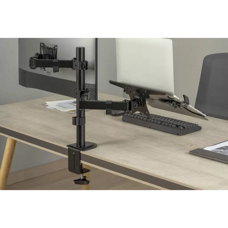 Uchwyt do monitora DIGITUS z tacką na notebook 17-32 inch, maks. 9 kg - mocowanie zaciskowe lub przelotowe