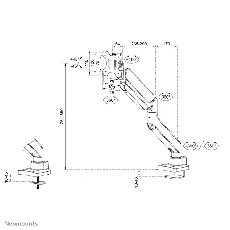 Neomounts DS70PLUS-450BL1 Ramię monitora 17-49 cali - sprężyna gazowa - Topfix - blokada 180°