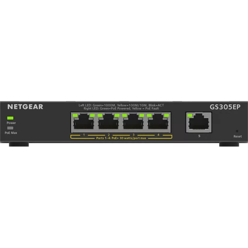 NETGEAR 5-Port Gigabit Ethernet PoE+ Plus Switch (GS305EP) Managed L2/L3 Gigabit Ethernet (10/100/1000) Power over Ethernet (PoE) Czarny