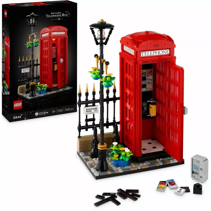 Klocki konstrukcyjne LEGO Czerwona londyńska budka telefoniczna 21347 – modułowy zestaw kolekcjonerski, 1460 elementów, 18+