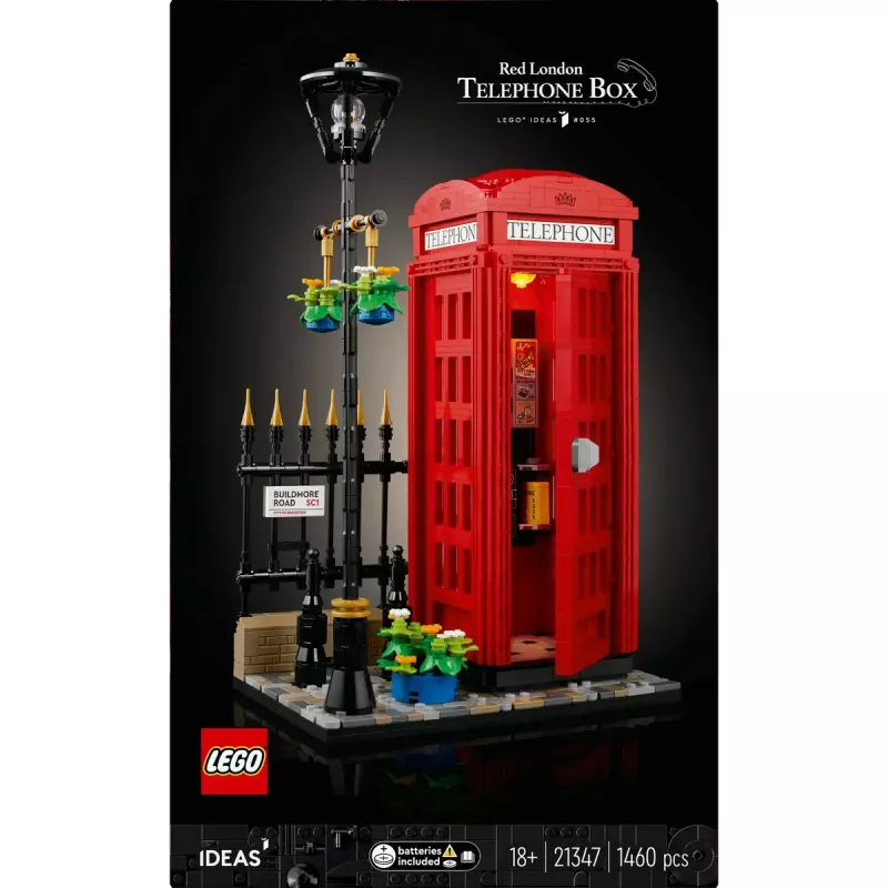 Klocki konstrukcyjne LEGO Czerwona londyńska budka telefoniczna 21347 – modułowy zestaw kolekcjonerski, 1460 elementów, 18+