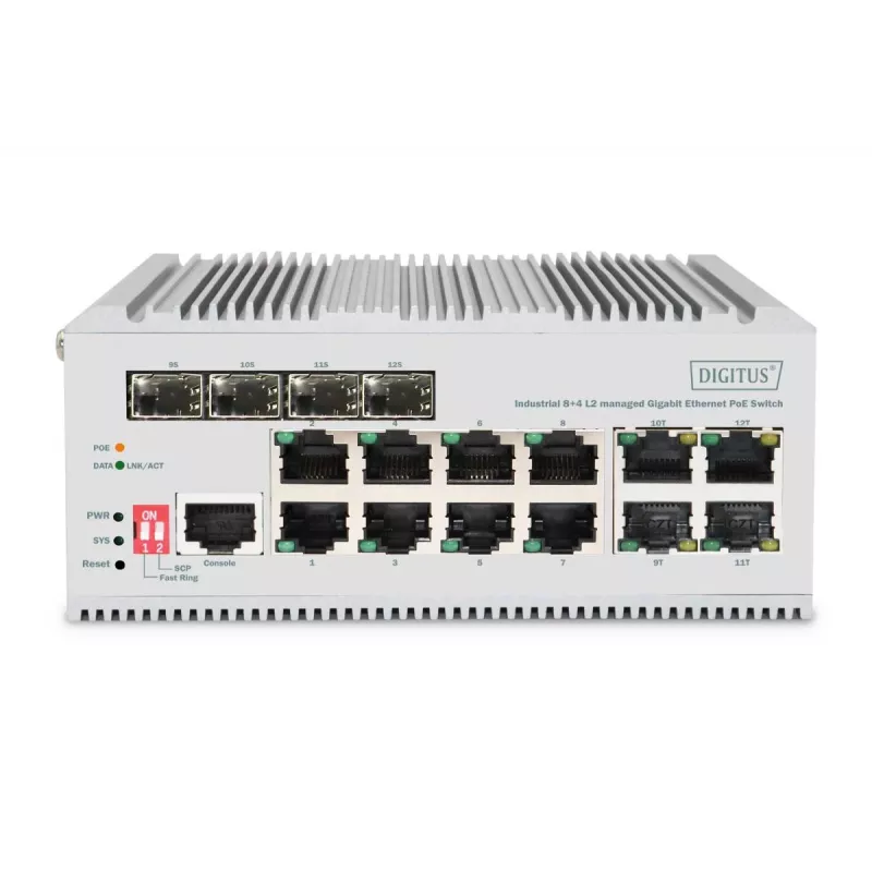 DIGITUS Gigabit Ethernet sieciowy przełącznik PoE - 8 portów przemysłowy, zarządzany L2, 4 uplink SFP