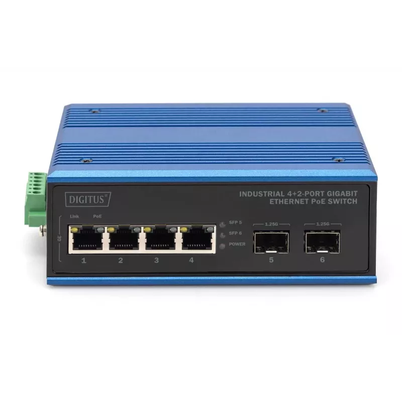 DIGITUS Industrialny 4+2-portowy przełącznik Gigabit Ethernet PoE, 4 porty GE PoE RJ45, 2 porty GE SFP