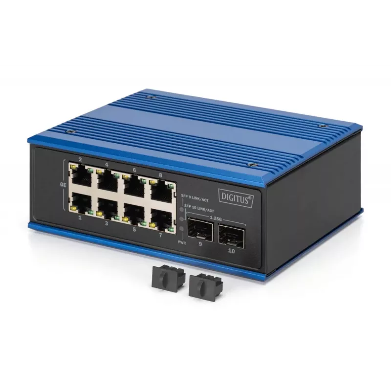DIGITUS Industrialny przełącznik Gigabit Ethernet PoE 8+2 porty, 8 portów GE PoE RJ45, 2 porty GE SFP