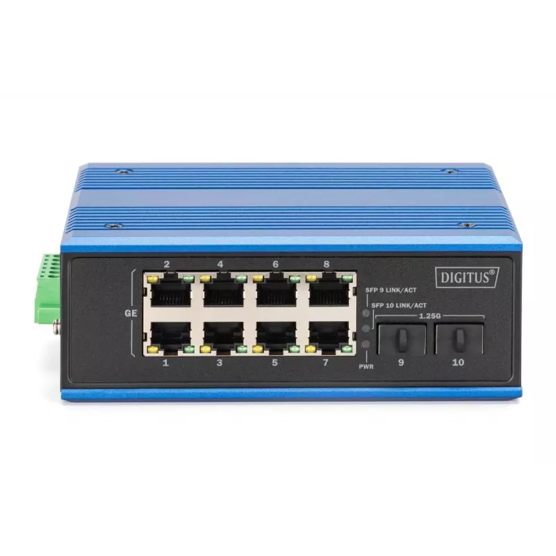 DIGITUS Industrialny przełącznik Gigabit Ethernet PoE 8+2 porty, 8 portów GE PoE RJ45, 2 porty GE SFP
