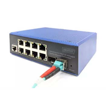 DIGITUS Przemysłowy 8+2-portowy zarządzalny przełącznik Gigabit Ethernet L2 PoE 8xGE RJ45 + 2 porty SFP IEEE802.3at (30W)