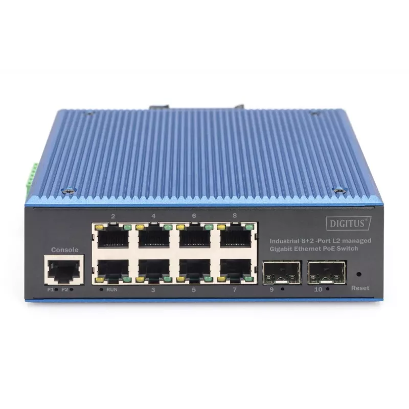 DIGITUS Przemysłowy 8+2-portowy zarządzalny przełącznik Gigabit Ethernet L2 PoE 8xGE RJ45 + 2 porty SFP IEEE802.3at (30W)