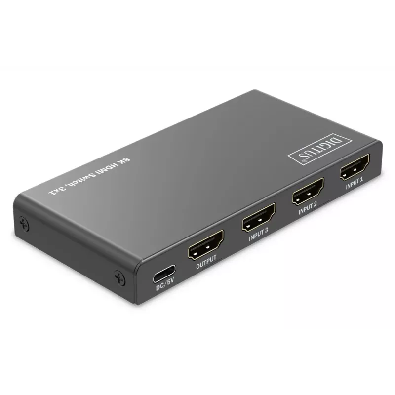 Przełącznik HDMI DIGITUS 3x1. 8K/60Hz (4:4:4). HDR. HDCP 2.3
