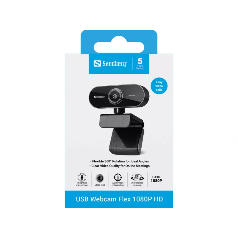 Kamera internetowa Sandberg USB Webcam Flex 1080P HD, 2 MP, 1920 x 1080 pikseli, Full HD, 30 kl./s, USB, czarna