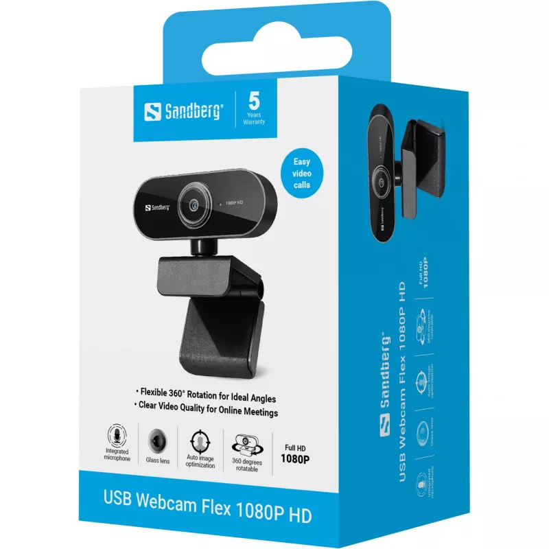 Kamera internetowa Sandberg USB Webcam Flex 1080P HD, 2 MP, 1920 x 1080 pikseli, Full HD, 30 kl./s, USB, czarna