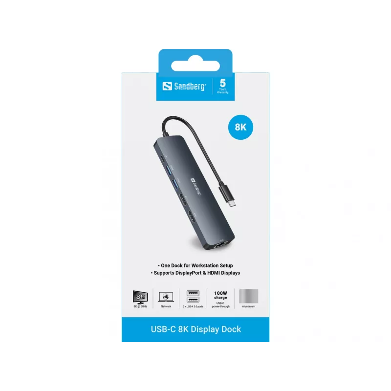 Sandberg USB-C 8K Display Dock USB 3.2 Gen 1 Type-C 100W Power Delivery