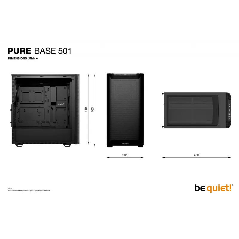 Obudowa PC bequiet! PURE BASE 501 Airflow Window MIDI Tower — ATX, szkło hartowane, wsparcie dla 3x140/240 mm, 2x3,5 cala + 5x2,5 cala, USB-A x2, USB-C x1