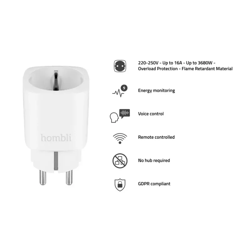 Inteligentna wtyczka Hombli Smart Socket EU od Avanca International BV — Wi‑Fi, 220–250 V, 50–60 Hz, maks. 3540 W, do użytku wewnętrznego, biała, tworzywo sztuczne, 46×46×84 mm