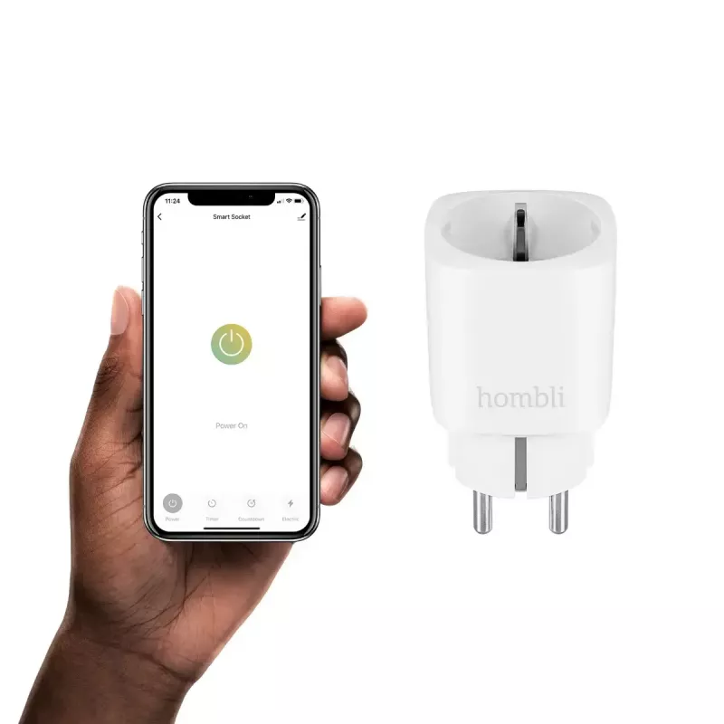 Inteligentna wtyczka Hombli Smart Socket EU od Avanca International BV — Wi‑Fi, 220–250 V, 50–60 Hz, maks. 3540 W, do użytku wewnętrznego, biała, tworzywo sztuczne, 46×46×84 mm