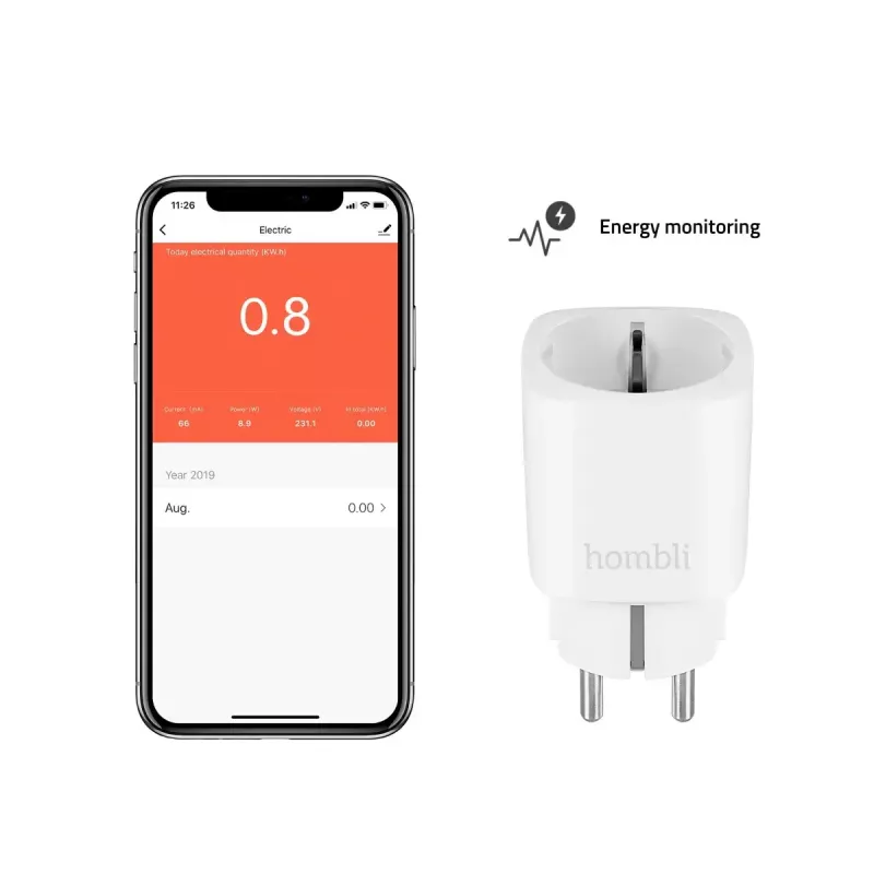Inteligentna wtyczka Hombli Smart Socket EU od Avanca International BV — Wi‑Fi, 220–250 V, 50–60 Hz, maks. 3540 W, do użytku wewnętrznego, biała, tworzywo sztuczne, 46×46×84 mm