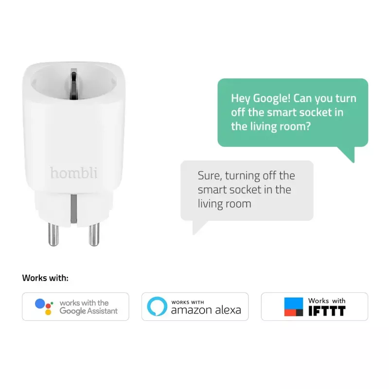 Inteligentna wtyczka Hombli Smart Socket EU od Avanca International BV — Wi‑Fi, 220–250 V, 50–60 Hz, maks. 3540 W, do użytku wewnętrznego, biała, tworzywo sztuczne, 46×46×84 mm