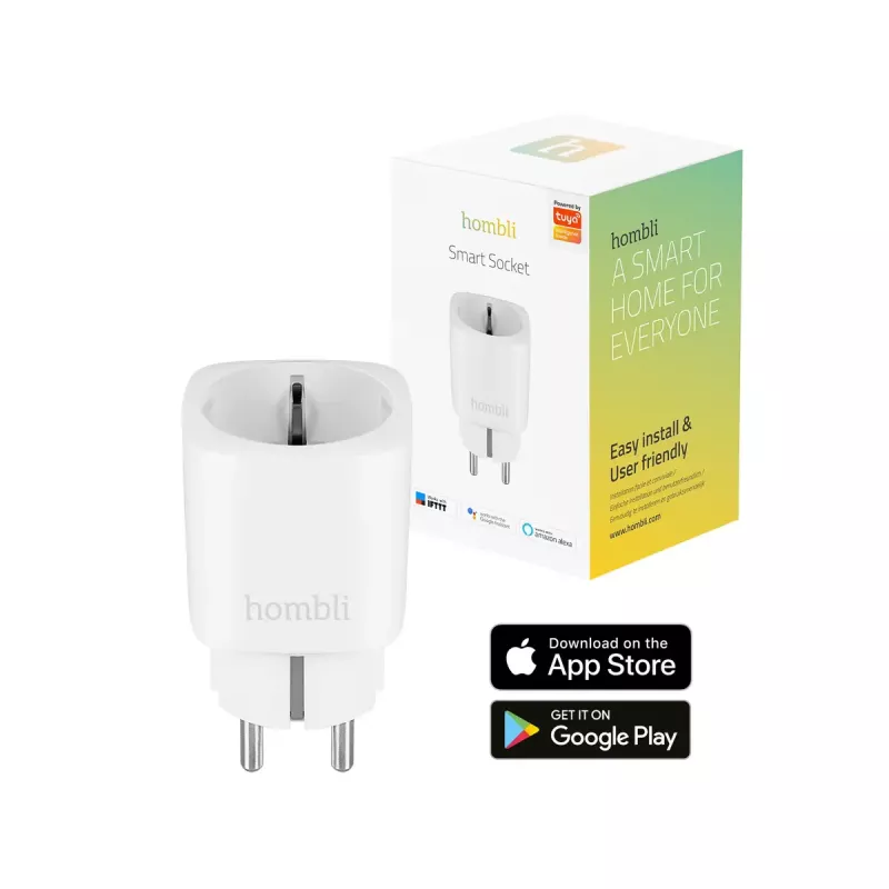 Inteligentna wtyczka Hombli Smart Socket EU od Avanca International BV — Wi‑Fi, 220–250 V, 50–60 Hz, maks. 3540 W, do użytku wewnętrznego, biała, tworzywo sztuczne, 46×46×84 mm